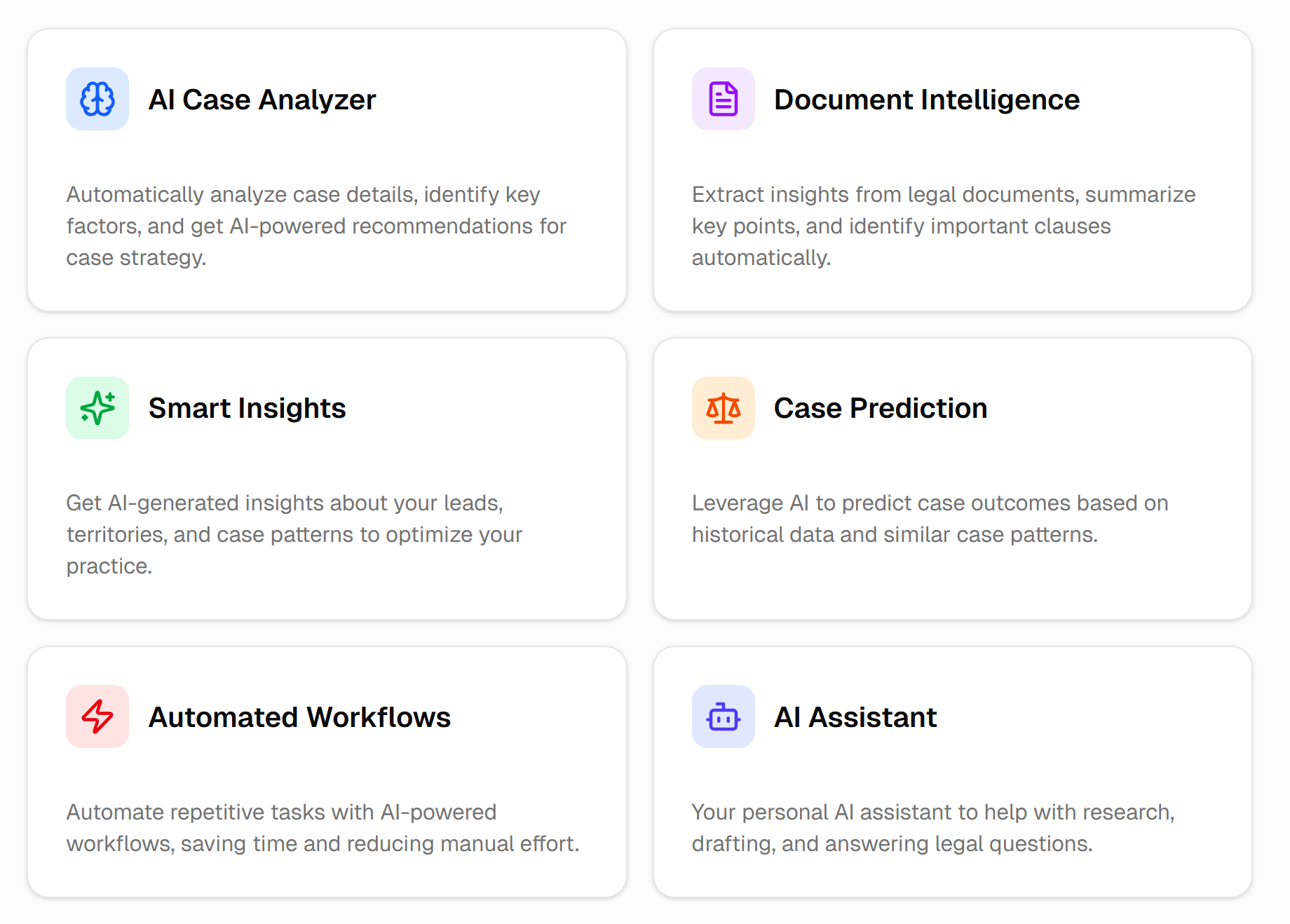LawProActive AI-powered legal tools dashboard showing case analysis, document intelligence, smart insights, and automated workflows